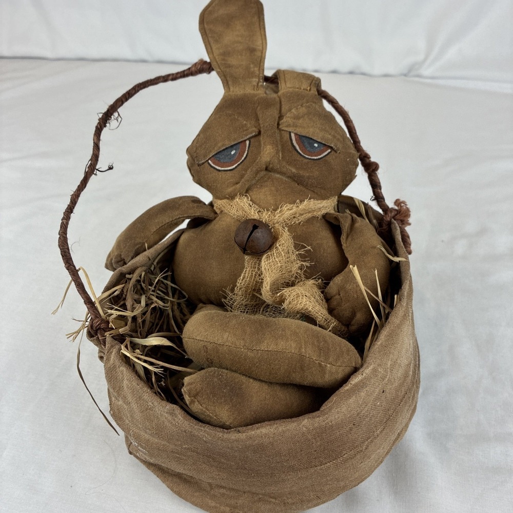 Primitive Folk Art Bunny Rabbit Doll in Fabric Basket Brown Grungy 14"